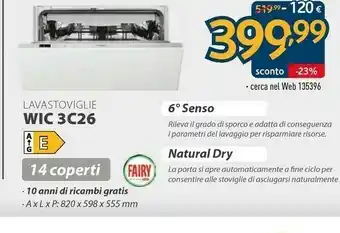 Sinergy Whirlpool WIC 3C26 Lavastoviglie A Scomparsa Totale 14 Coperti A++ offerta