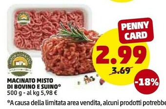 PENNY Macinato Misto Di Bovino E Suino 500 G offerta