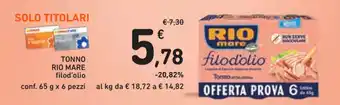 Spazio Conad Rio Mare Tonno 65g x 6 pezzi offerta