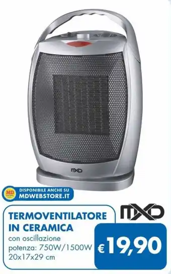 TERMOVENTILATORE IN CERAMICA con oscillazione potenza: 750W/1500W 20x17x29 cm