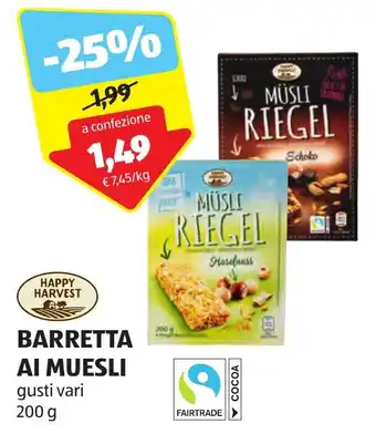 ALDI HAPPY HARVEST BARRETTA AI MUESLI gusti vari 200 g offerta