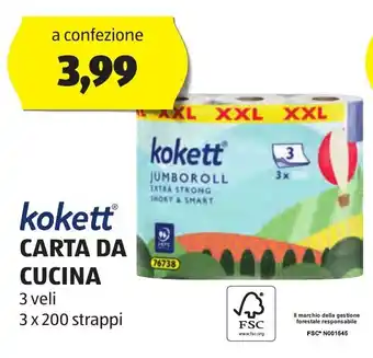ALDI kokett CARTA DA CUCINA 3 veli 3 x 200 strappi offerta