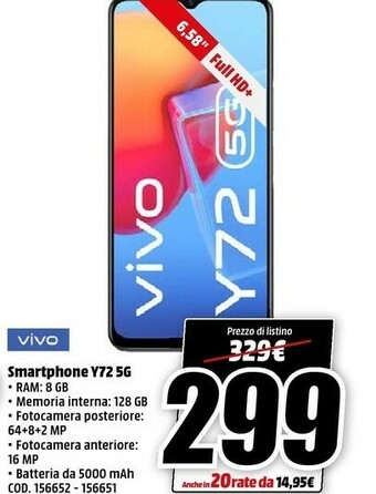 MediaWorld Vivo Smartphone Y72 5g offerta