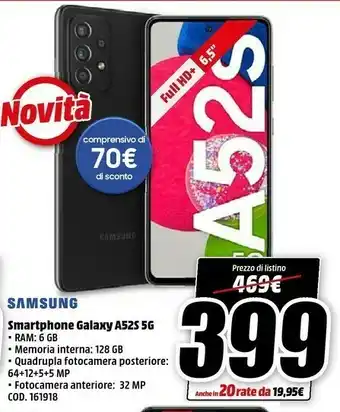 MediaWorld Samsung Galaxy A52s 5G Display 6.5” FHD+ Super AMOLED 128GB Awesome Green offerta