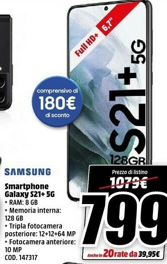 MediaWorld Samsung Smartphone Galaxy S21+5g offerta