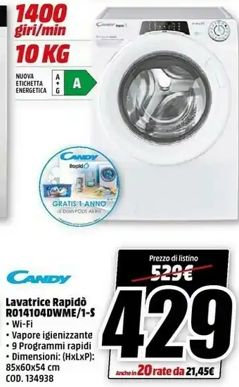 MediaWorld Candy Lavatrice Rapidò R014104dwme/1-s offerta