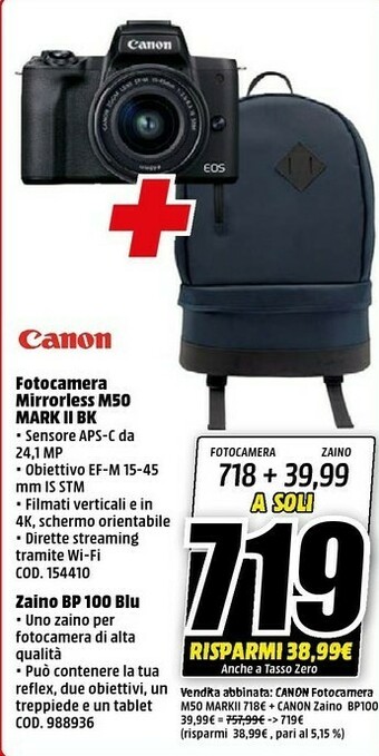 MediaWorld Canon Fotocamera Mirrorless M50 Mark II BK + Zaino BP 100 Blu offerta