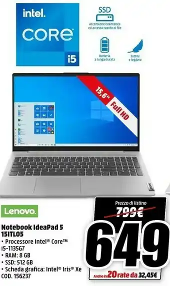 MediaWorld Lenovo IdeaPad 5 15ITL05 Computer Portatile 39,6 Cm (15.6") 1920 X 1080 Pixel Intel® Core™ I7 Di Undicesima Generazione 16 GB offerta