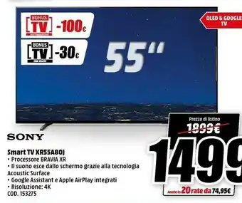 MediaWorld Sony XR55A80J TV 139,7 Cm (55") 4K Ultra HD Smart TV Wi-Fi Nero offerta
