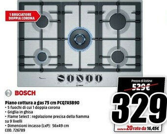 MediaWorld Bosch Serie 6 PCQ7A5B90 Piano Cottura Acciaio Inossidabile Da Incasso Gas 5 Fornello(i) offerta