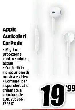 MediaWorld Apple EarPods Cuffia Auricolare Bianco offerta