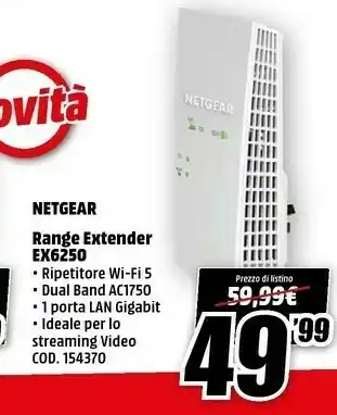 MediaWorld Netgear EX6250 Ripetitore Di Rete 10,100,1000 Mbit/s Bianco offerta