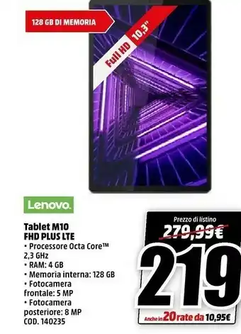 MediaWorld Lenovo Tab M10 128 GB 26,2 Cm (10.3") Mediatek 4 GB Wi-Fi 5 (802.11ac) Grigio offerta