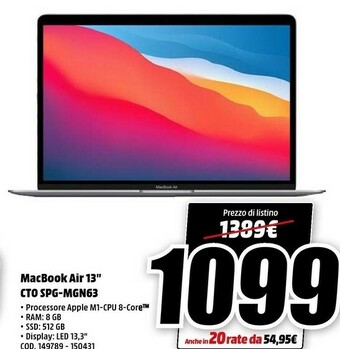 MediaWorld Apple MacBook Air 13" (Chip M1 Con GPU 8-core, 512GB SSD, 8GB RAM) - Oro (2020) offerta