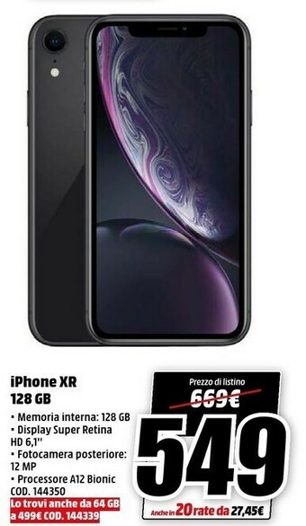 MediaWorld Apple IPhone XR 15,5 Cm (6.1") 128 GB Doppia SIM 4G Blu IOS 12 offerta