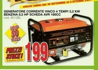 Generatore Corrente Vinco 4 Tempi 2,2 Kw Benzina 6,5 Hp Scheda AVR 160CC
