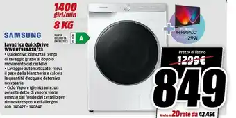 MediaWorld Samsung WW80T934ASH Lavatrice 8kg QuickDrive Ai Control Libera Installazione Caricamento Frontale 1400 Giri/min Bianco A+++ offerta
