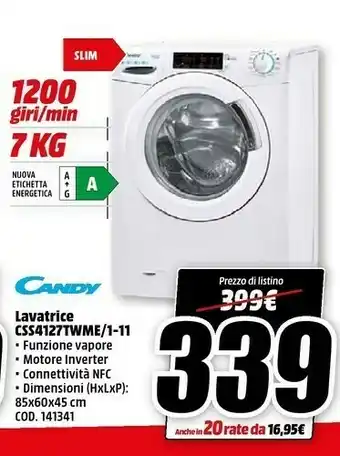 MediaWorld Candy CSS4127TWME/1-11 Lavatrice Libera Installazione Caricamento Frontale Bianco 7 Kg 1200 Giri/min A+++-30% offerta