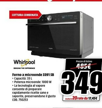 MediaWorld Whirlpool MWP 3391 SB Superficie Piana Microonde Combinato 33 L 1000 W Nero, Argento offerta