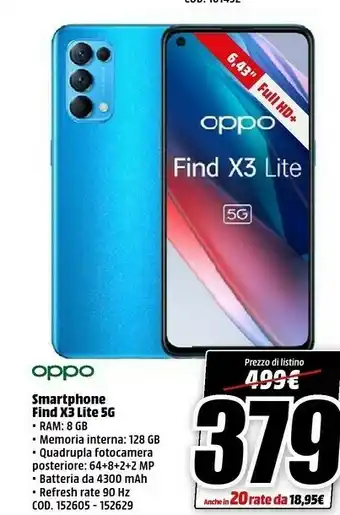 MediaWorld Oppo OPPO Find X3 Lite Smartphone 5G, Qualcomm 765G, Display 6.43'' FHD+AMOLED, 4 Fotocamere 64MP, RAM 8GB+ROM 128GB, 4400mAh offerta