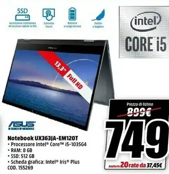MediaWorld Asus ZenBook Flip 13 UX363JA-EM120T Ibrido (2 In 1) 33,8 Cm (13.3") Touch Screen Full HD Intel® Core™ I5 Di Decima Generazion offerta