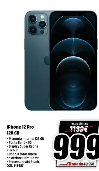 MediaWorld Apple IPhone 12 Pro 128GB - Oro offerta