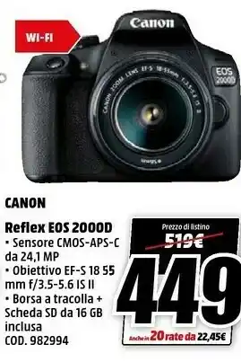 MediaWorld Canon EOS 2000D + EF-S 18-55mm F/3.5-5.6 IS II Kit Fotocamere SLR 24,1 MP CMOS 6000 X 4000 Pixel Nero offerta