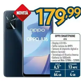 Sinergy Oppo A16 Smartphone, AI Triple Camera 13+2+2 MP, 6.52” 60HZ Display, 5000mAh, SuperVOOC + Power Saving, RAM 4GB + ROM 64GB Ex offerta