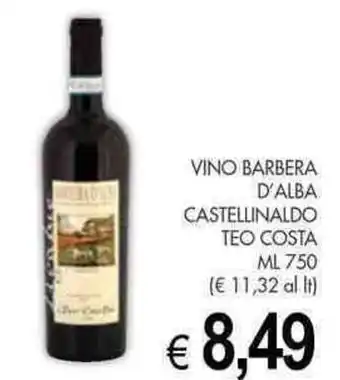 PrestoFresco VINO BARBERA D'ALBA CASTELLINALDO TEO COSTA ML 750 offerta
