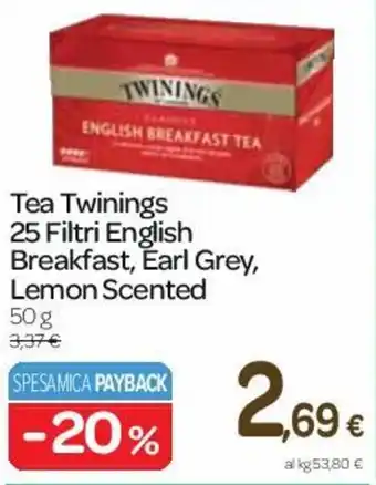 Carrefour Tea Twinings 25 Filtri English Breakfast, Earl Grey, Lemon Scented 50g offerta