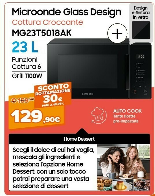 Samsung MG23T5018AK/ET Forno A Microonde Superficie Piana Microonde Con  Grill 23 L 800 W Nero offerta di Expert