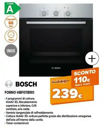 Expert Bosch Serie 2 HBF011BR0 Forno Forno Elettrico 66 L 3300 W Nero, Acciaio Inossidabile A offerta