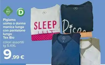 Carrefour Tex Bio Pigiama Uomo O Donna Manica Lunga Con Pantalone Lungo offerta