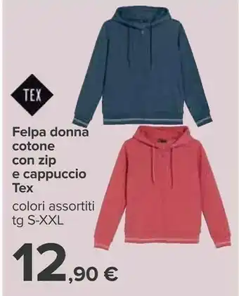 Carrefour Tex Felpa Donna Cotone Con Zip E Cappuccio offerta