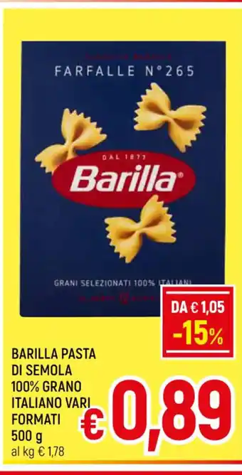 A&O BARILLA PASTA DI SEMOLA 100% GRANO ITALIANO VARI FORMATI 500 g offerta