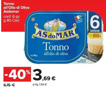 Carrefour Asdomar Tonno All'Olio Di Oliva 80 G(ml) offerta