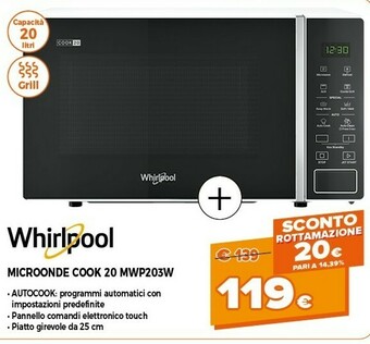 Expert Whirlpool MWP 203 W Superficie Piana Microonde Con Grill 20 L 700 W Nero, Bianco offerta