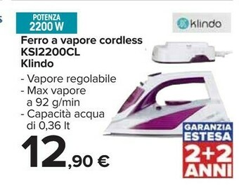 Carrefour Klindo Ferro Da Stiro Cordless KSI2200CL-20 offerta