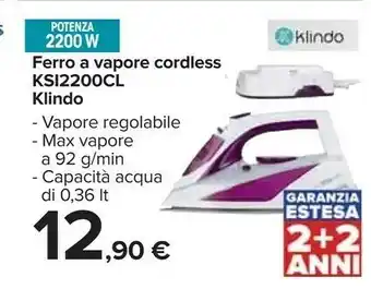 Carrefour Klindo Ferro Da Stiro Cordless KSI2200CL-20 offerta