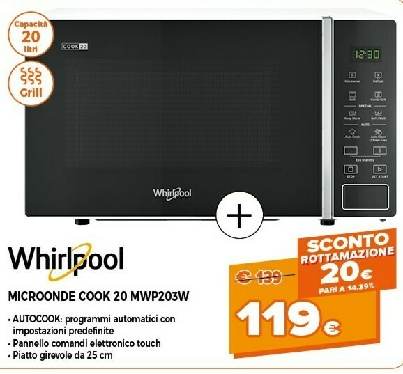 Whirlpool MWP 203 W Superficie Piana Microonde Con Grill 20 L 700 W Nero,  Bianco offerta di Expert