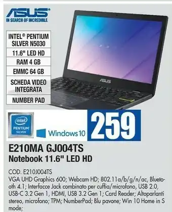 Wellcome Asus E210MA-GJ004TS Computer Portatile 29,5 Cm (11.6") HD Intel® Pentium® Silver 4 GB DDR4-SDRAM 64 GB EMMC Wi-Fi 5 (802.11ac offerta