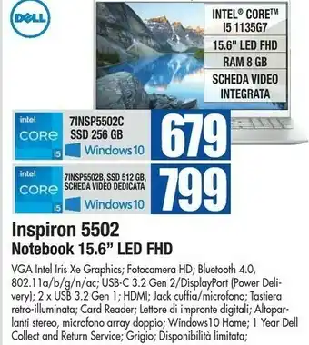 Wellcome Dell Iris Inspiron 5502 Notebook 15.6 Led Fhd offerta