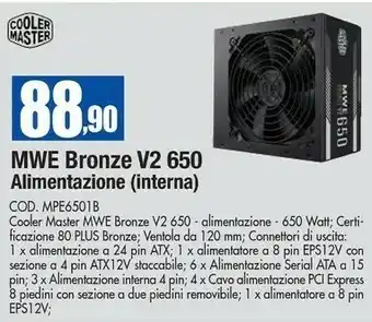 Wellcome Cooler master MWE 650 Bronze V2 Alimentatore Per Computer 750 W 20+4 Pin ATX ATX Nero offerta