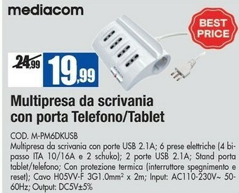 Wellcome Mediacom Multipresa Da Scrivania Con Porta Telefono/tablet offerta