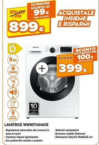 Expert Samsung Samsung WW90T4040CE/EC lavatrice Libera installazione Caricamento frontale 9 kg 1400 Giri/min D Bianco offerta