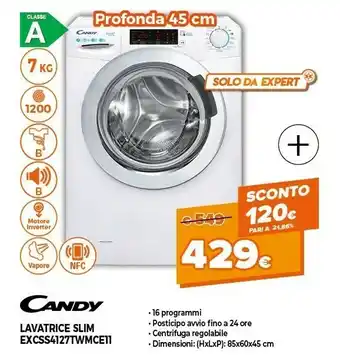 Expert Candy Smart Inverter EXCSS4127TWMCE11 Lavatrice Libera Installazione Caricamento Frontale 7 Kg 1200 Giri/min A Bianco offerta