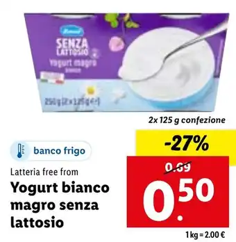 Lidl Latteria free from Yogurt bianco magro senza lattosio 2x 125 g confezione offerta