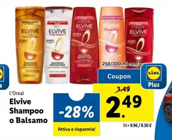 Lidl L'Oreal Elvive Shampoo o Balsamo 250/300 ml conf offerta