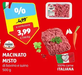 ALDI IL PODERE MACINATO MISTO di bovino e suino 500 g offerta
