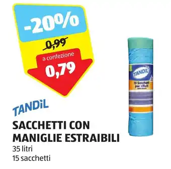 ALDI TANDIL SACCHETTI CON MANIGLIE ESTRAIBILI 35 litri 15 sacchetti offerta